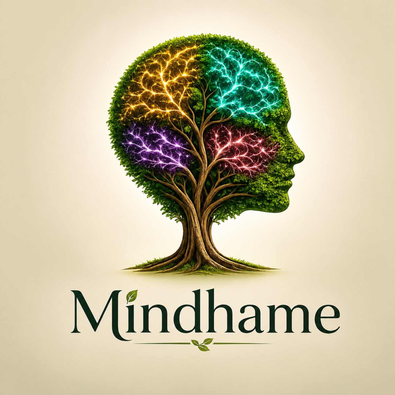 MindHame logo: a living tree shaped like a human mind, with four illuminated branching sections